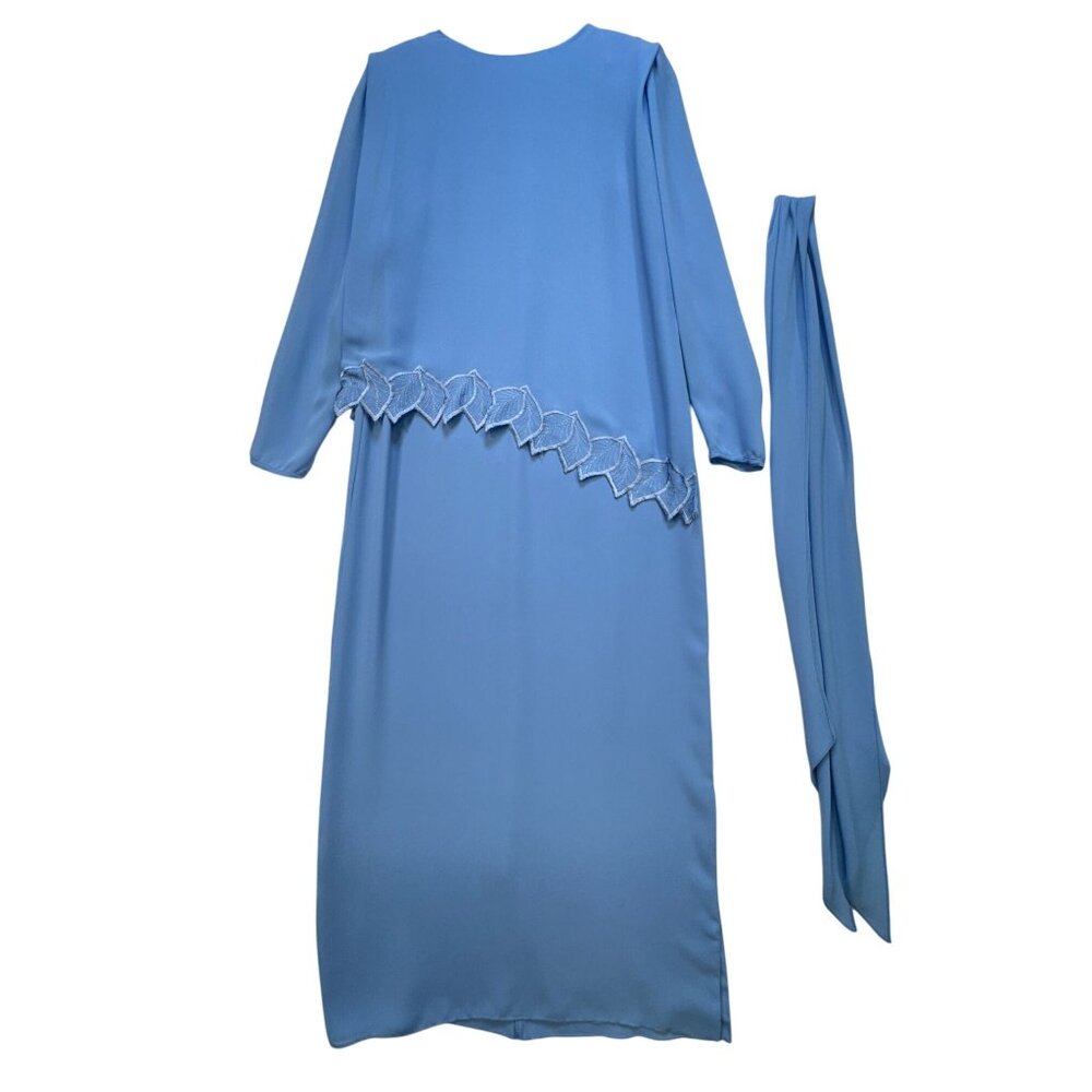 Vintage Ursula of Switzerland Maxi Dress & Scarf Set Size 11/12 Blue Long Sleeve